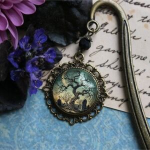 Haunted Tree Gothic Bookmark - Halloween -‎ Bronze and Glass Cabochon Book Hook
